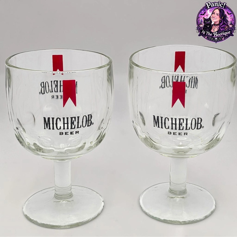 Vintage Michelob Beer Goblet Set of 2 Glass Barware Chalice Man Cave 1980s Retro